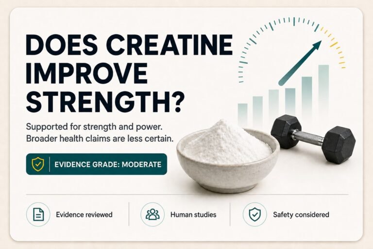 WEH evidence card asking whether creatine improves strength, with creatine powder and one intact dumbbell; evidence grade moderate.