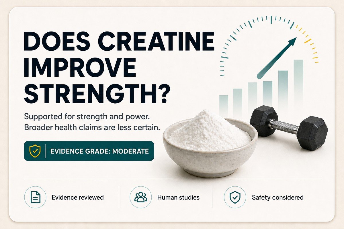 WEH evidence card asking whether creatine improves strength, with creatine powder and one intact dumbbell; evidence grade moderate.