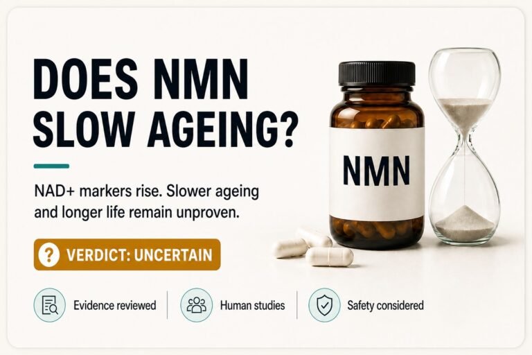 WEH evidence card asking whether NMN slows ageing, with an NMN bottle and hourglass; verdict uncertain.