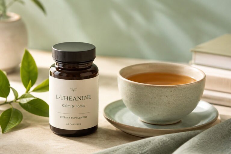 Generic L-theanine supplement bottle beside a cup of tea, green leaves and books.