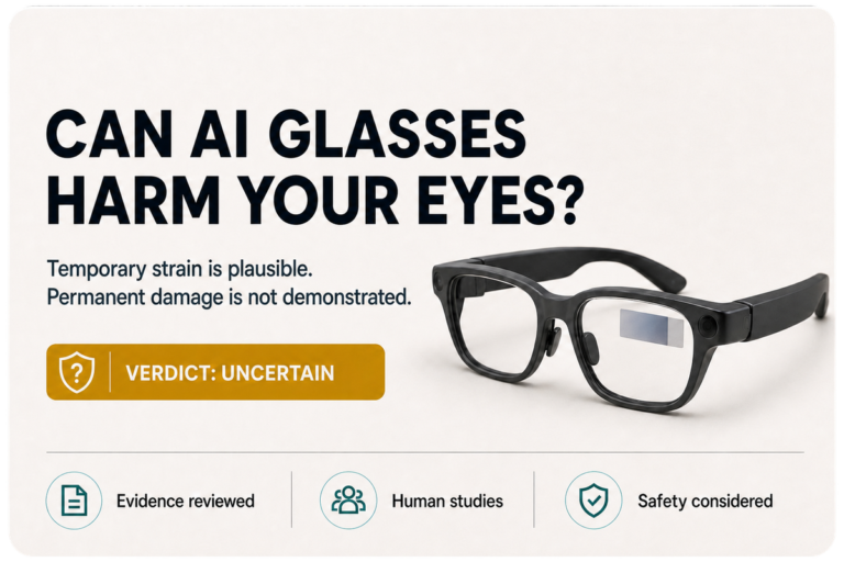 WhatEvidence.Health verdict card showing that AI smart glasses may cause temporary eye strain while long-term eye safety remains uncertain