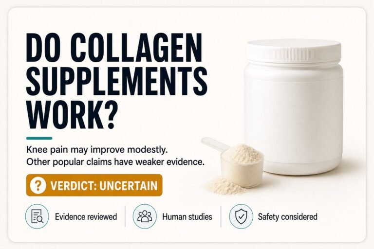 Evidence card asking whether collagen supplements work, with an uncertain verdict beside an unbranded collagen powder tub and scoop.