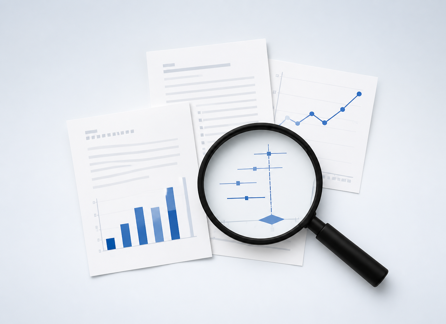 Research papers and charts examined with a magnifying glass