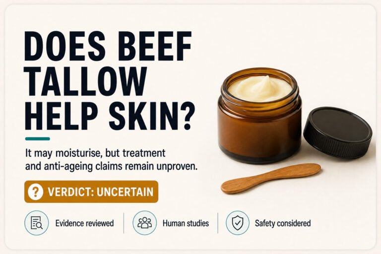 Evidence card asking whether beef tallow helps skin, showing an amber jar and an uncertain verdict