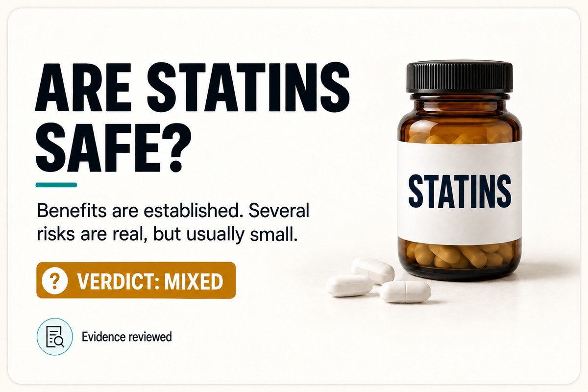 Evidence card asking whether statins are safe, showing a medicine bottle labelled Statins and a mixed verdict