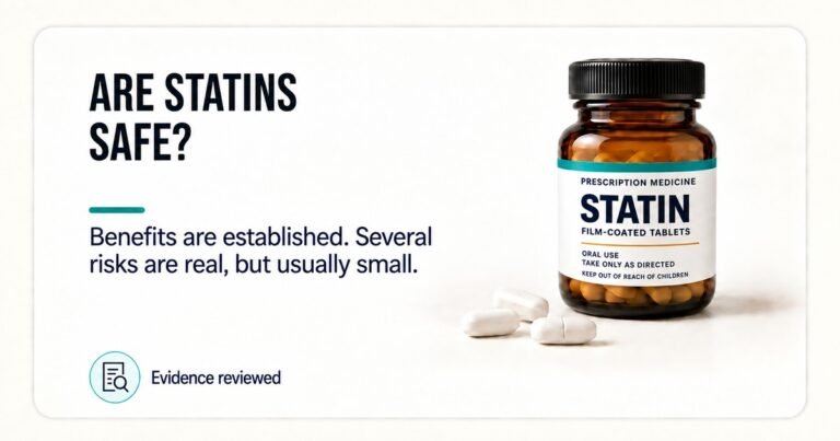 Evidence card asking whether statins are safe, showing a medicine bottle labelled Statins and a mixed verdict