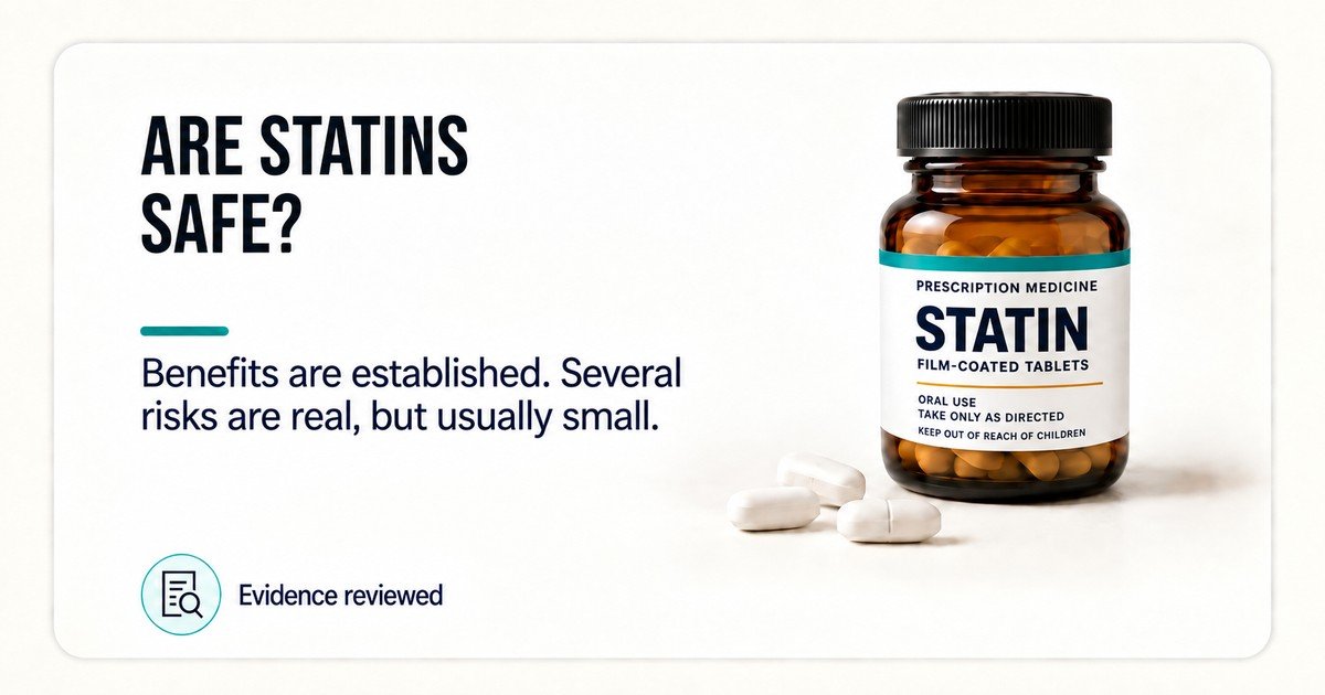 Evidence card asking whether statins are safe, showing a medicine bottle labelled Statins and a mixed verdict