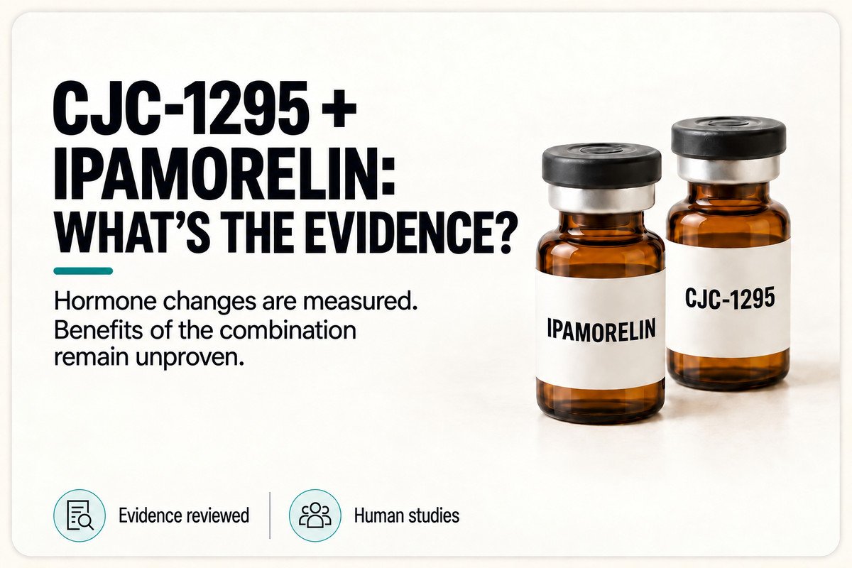 Evidence card about CJC-1295 and ipamorelin, with an uncertain verdict for health and physique benefits.