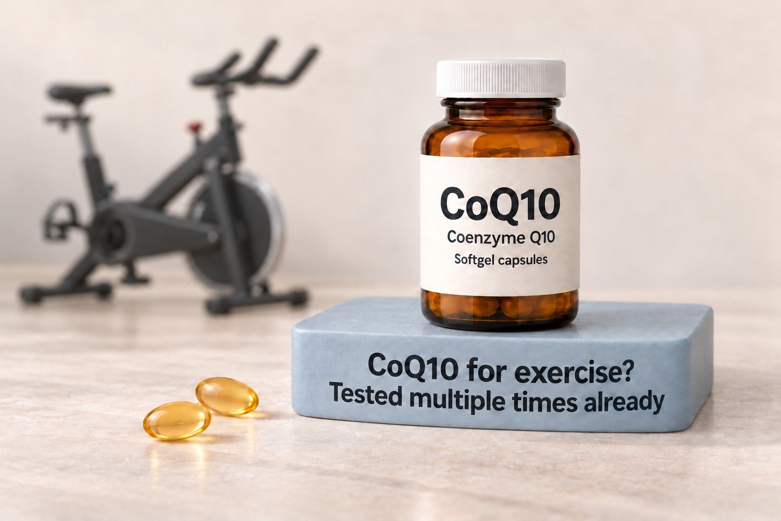 Amber CoQ10 bottle and two golden softgels beside a blue base reading CoQ10 for exercise? Tested multiple times already, with a blurred stationary exercise bike behind.